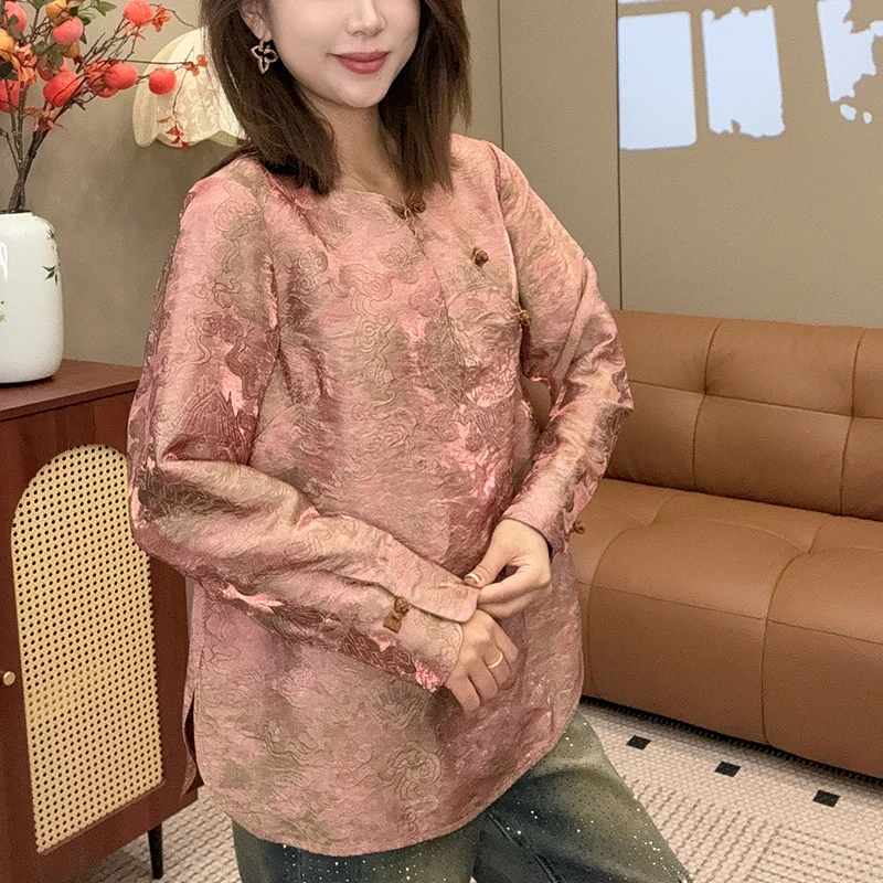 【锦轩阁】新中式国风女装圆领时尚休闲宽松长袖上衣9215