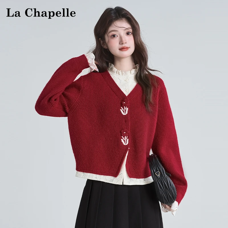 拉夏贝尔山茶颂雪假两件宽松保暖红色毛衣2025秋冬新款毛衣开衫女