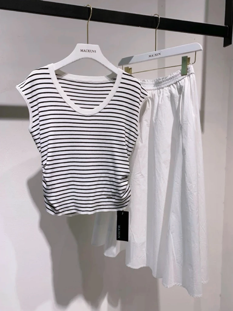 夏季新款白色中长半裙小飞袖条纹套裙