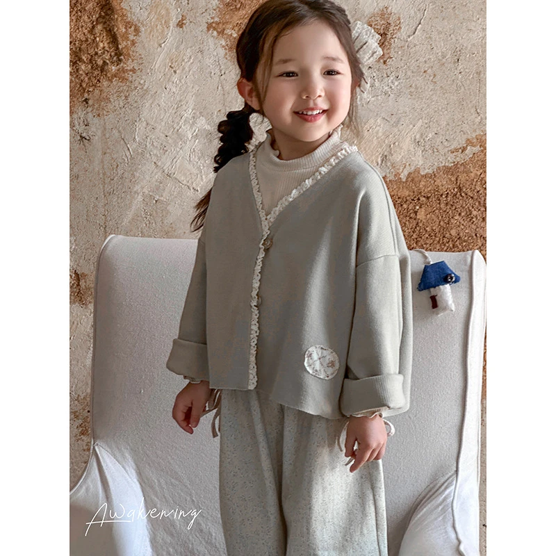 女童秋季童装新品2024儿童花边开衫外套宝宝秋装宽松棉麻感阔腿裤