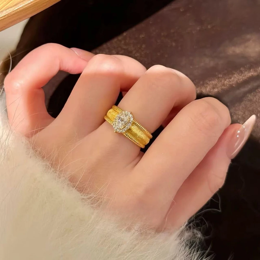 米梵缇 铜合金戒指 新中式轻奢高级感宽面拉丝开口复古精致指环女