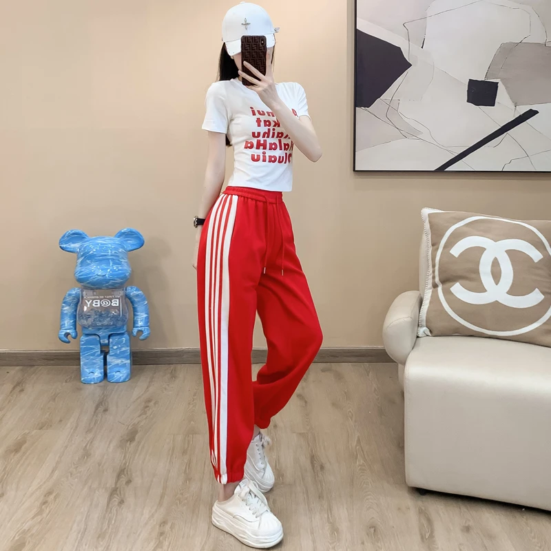 白色印花T恤短款松紧腰束脚休闲裤女夏季新款洋气小个子显高