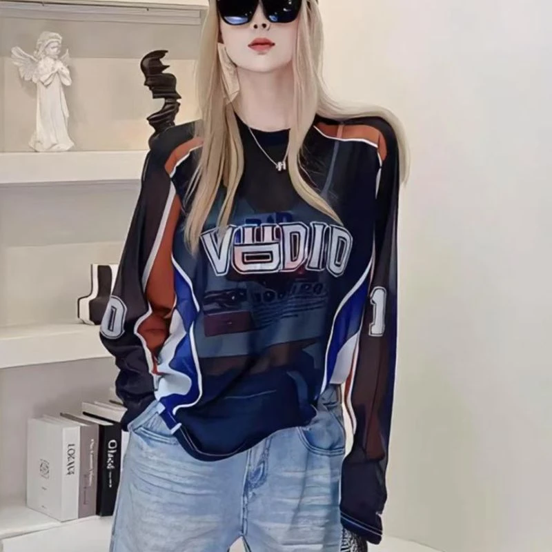 微透时尚长袖t恤女夏季轻薄网纱防晒罩衫宽松上衣潮牌2025新款潮