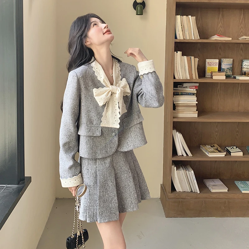 灰色法式小香风套装裙女春季2025新款时尚短外套百褶半身裙两件套