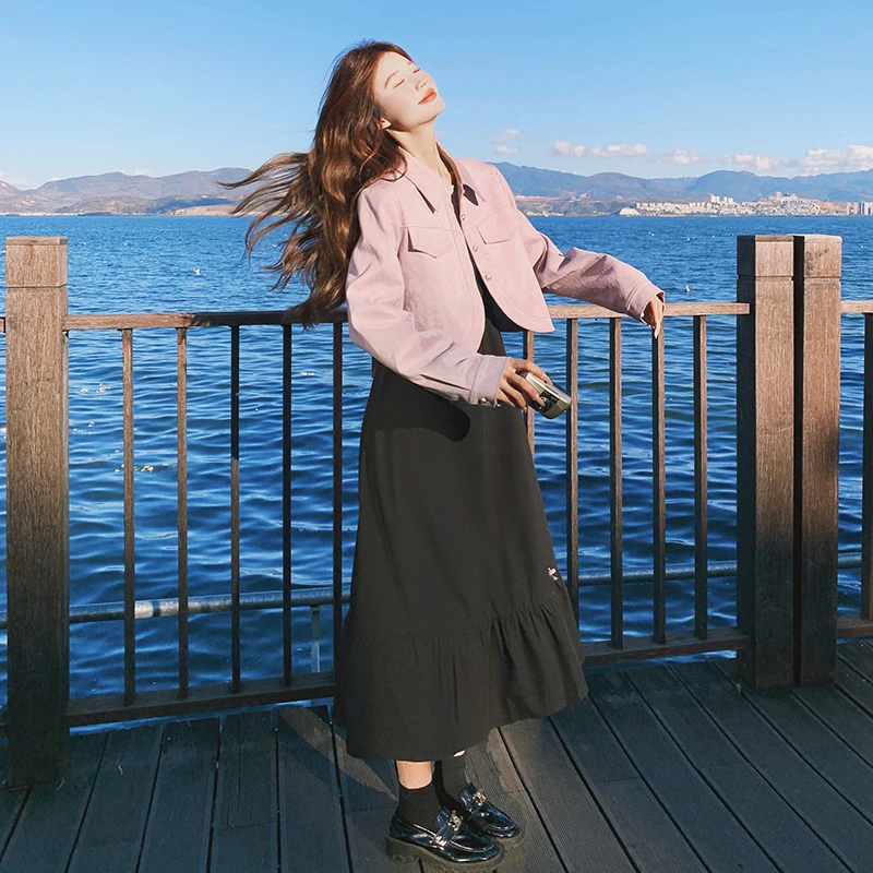 韩系超好看穿搭套装女2025春秋季小个子时尚外套吊带连衣裙两件套