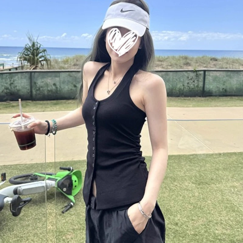 艺等2025年夏季新款韩版挂脖背心单排扣褶皱U领无袖修身显瘦上衣