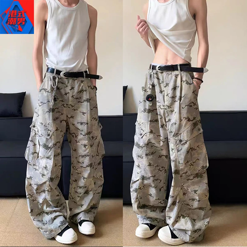 迷彩工装牛仔裤男春秋季宽松美式复古直筒裤男高街垂感阔腿裤子男