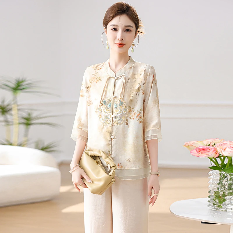 新中式女装春季套装时尚时尚桑蚕丝套装连衣裙唐装复古气质绣花