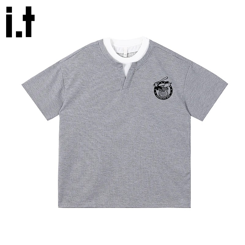 i.t:CHOCOOLATE华夫格t恤男生夏季新款重磅假两件V领宽松帅气短袖