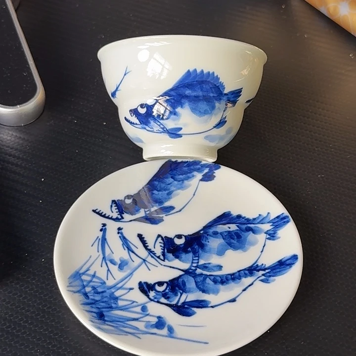 纯手绘鳜鱼葫芦杯一杯一垫纯手拉坯