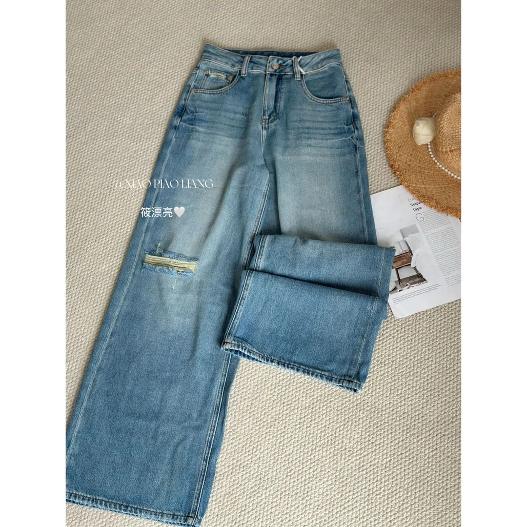 夏季新款小众破洞长裤2025时尚显瘦通勤百搭阔腿牛仔裤P017#0.1