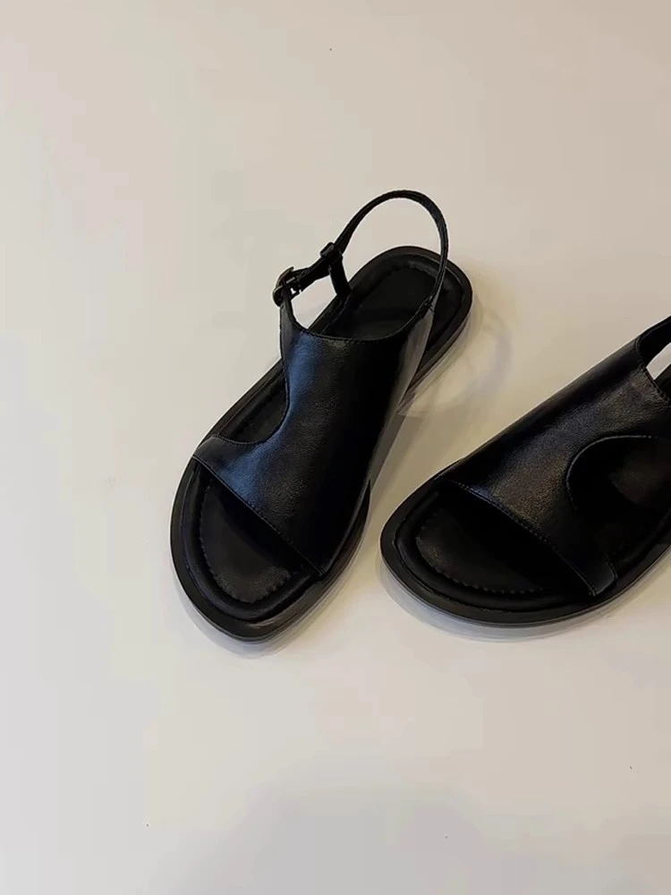 森唔~羊皮复古舒适休闲镂空平底露趾凉鞋女夏季新款百搭软底女鞋