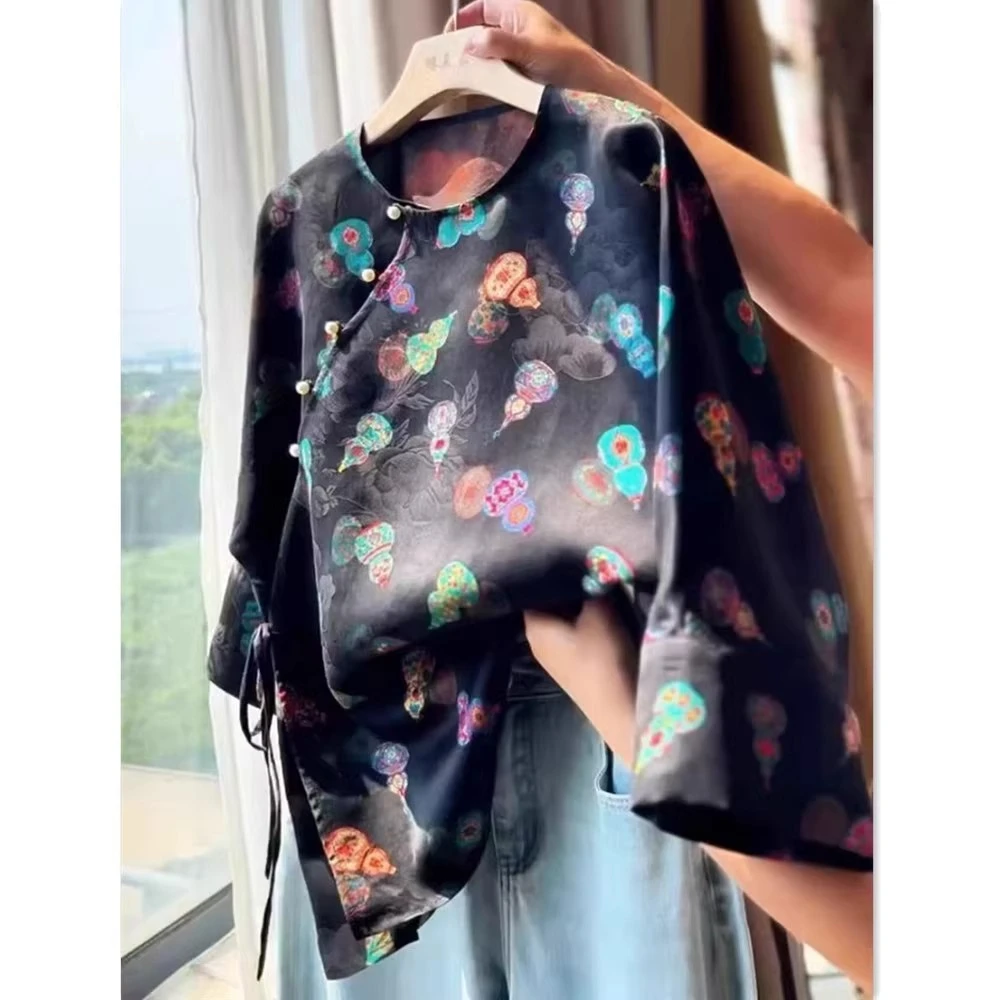 2025秋季款中式国风印花圆领衬衫女洋气内搭唐装长袖复古减龄上衣