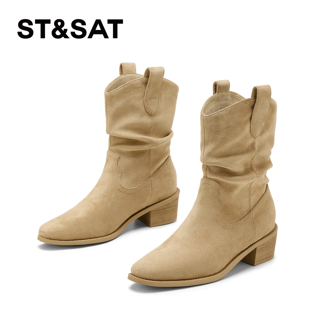 星期六2025秋季新款时尚百搭不勒脚厚底中筒女靴潮流马丁靴摩登时