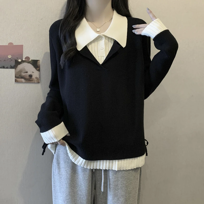 假两件POLO领长袖针织衫女秋冬大码微胖mm宽松显瘦遮肚子打底毛衣