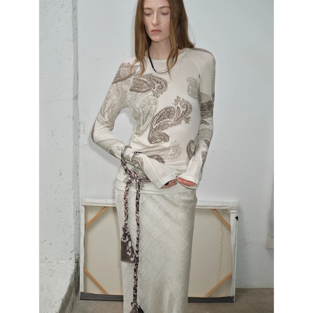 付智恩 复古基因 原创腰果印花做旧修身版T恤