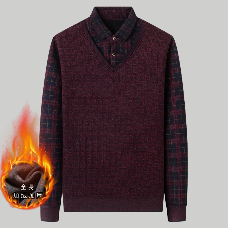 【抗起球抗静电】男士毛衣针织衫男假两件冬季加绒加厚假两件打底衫