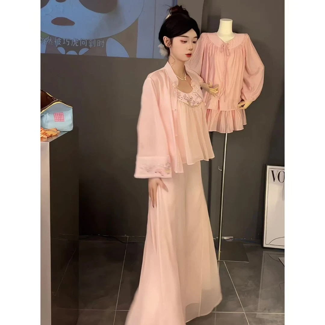 盈瓷云纱甜甜中式2025气质刺绣新款盘扣国风上衣阔腿裤套装