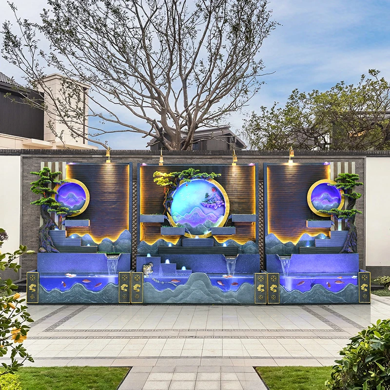 大型水幕墙配大型鱼池创意鱼缸庭院景观摆件酒店民宿餐厅会所摆件