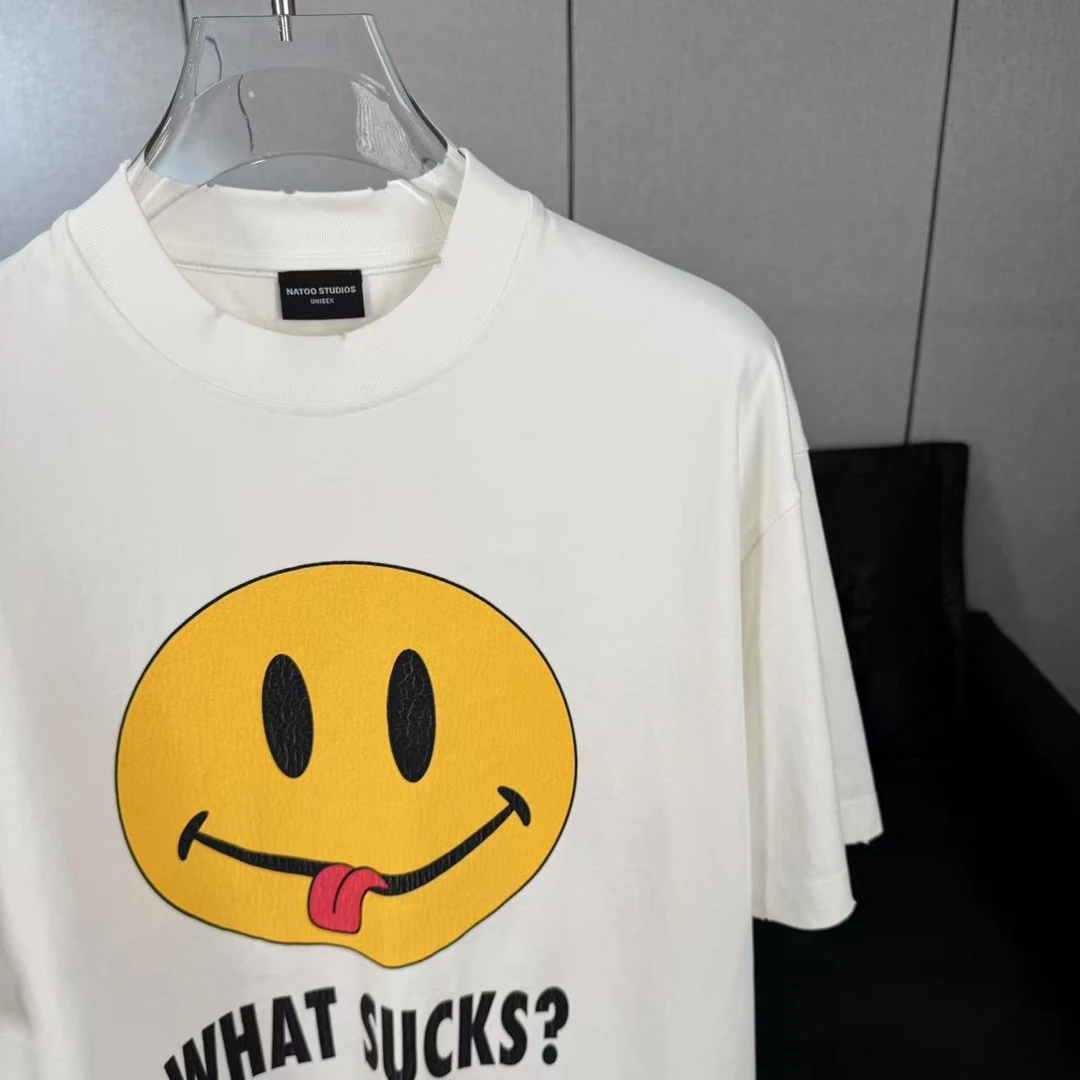 33021四季通用重磅爆裂工艺笑脸短袖T恤潮流卡通百搭设计师印花
