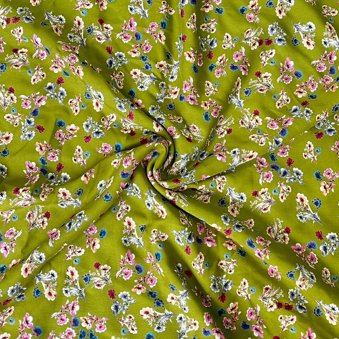 【云锦1店】241230-12号 雕印棉绸翠绿底粉蓝小花 服装布料面料