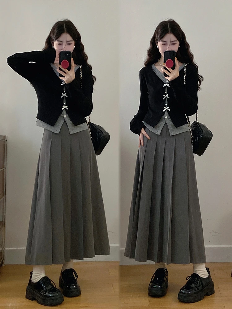 春秋裙大码套装蝴蝶假两件上衣裙复古高腰小香风制服大码两件套女