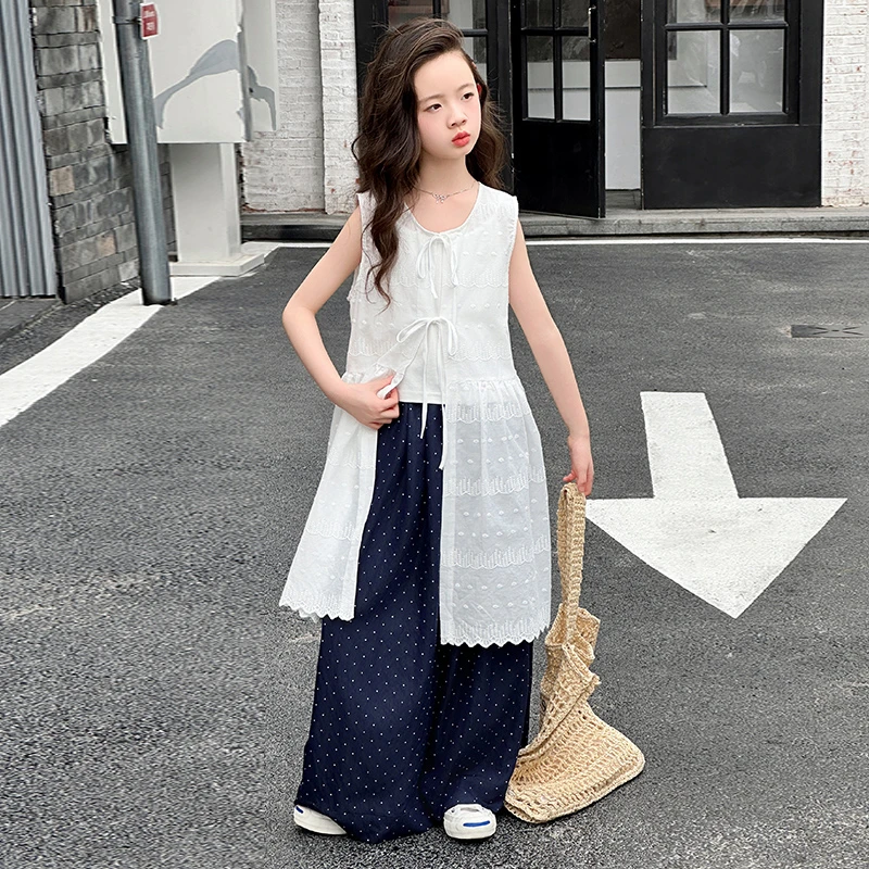 女童套装儿童时尚开衫上衣波点裤三件套童装3-15岁夏季显瘦韩版
