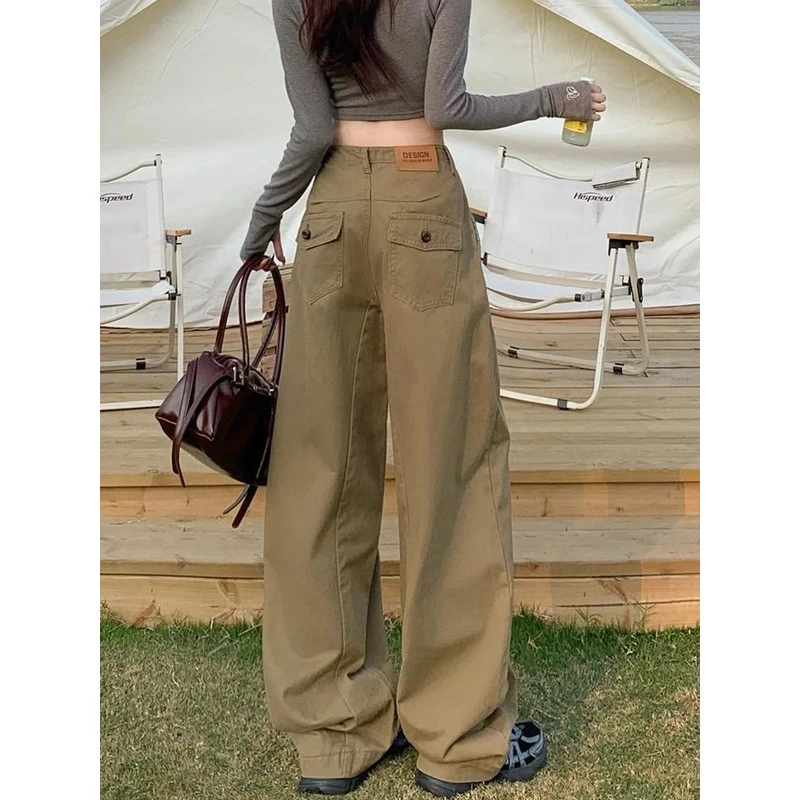 美式复古拿铁咖阔腿裤女春秋新款高腰弯刀显瘦宽松休闲工装拖地裤