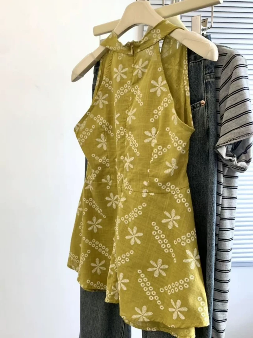 田园风扭结v领无袖衬衫女夏款显白韩系背心裙无袖遮肚子裙摆上衣