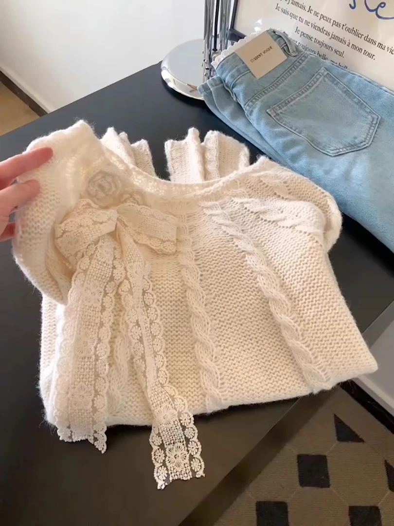 蕾丝蝴蝶结绑带圆领长袖套头毛衣女设计感小众针织衫气质温柔上衣