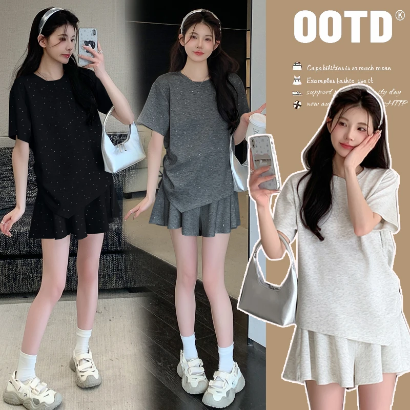 孕妇夏季套装2025新款烫钻短袖搭配短裙宽松显瘦休闲套装