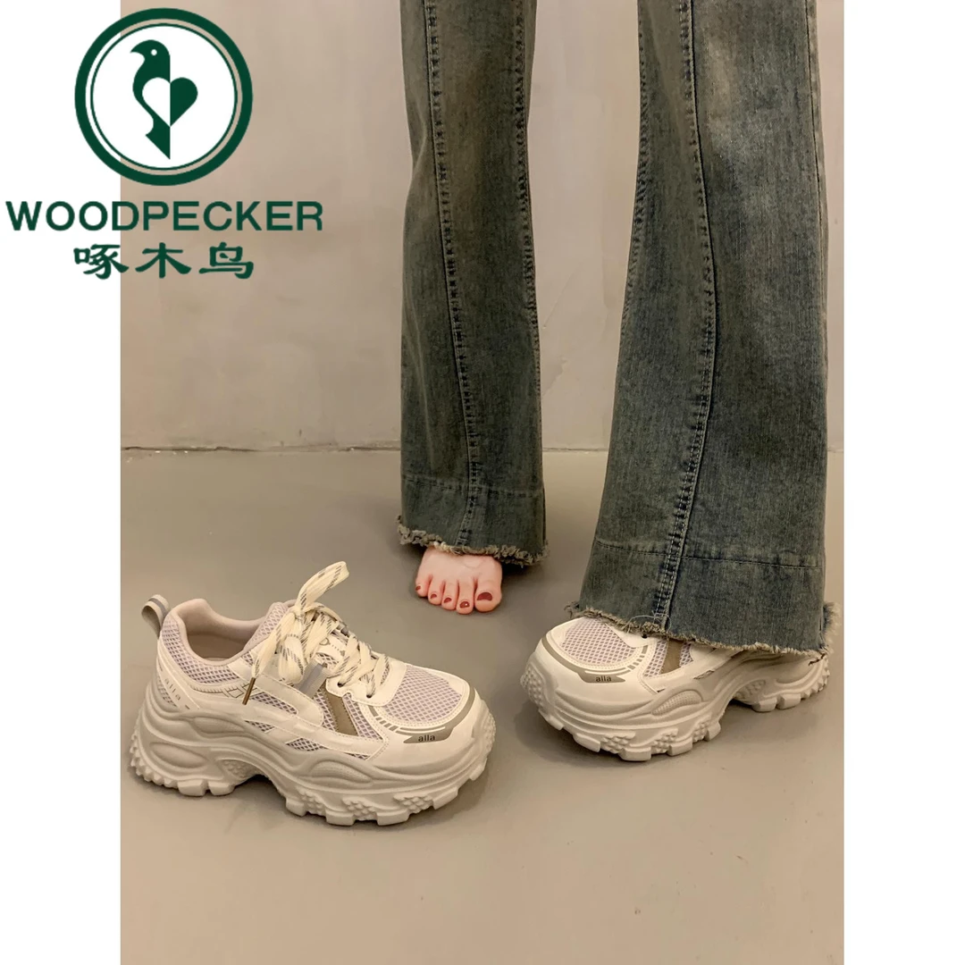 啄木鸟厚底小个子增高老爹鞋女2025新款夏网面透气时尚运动休闲鞋