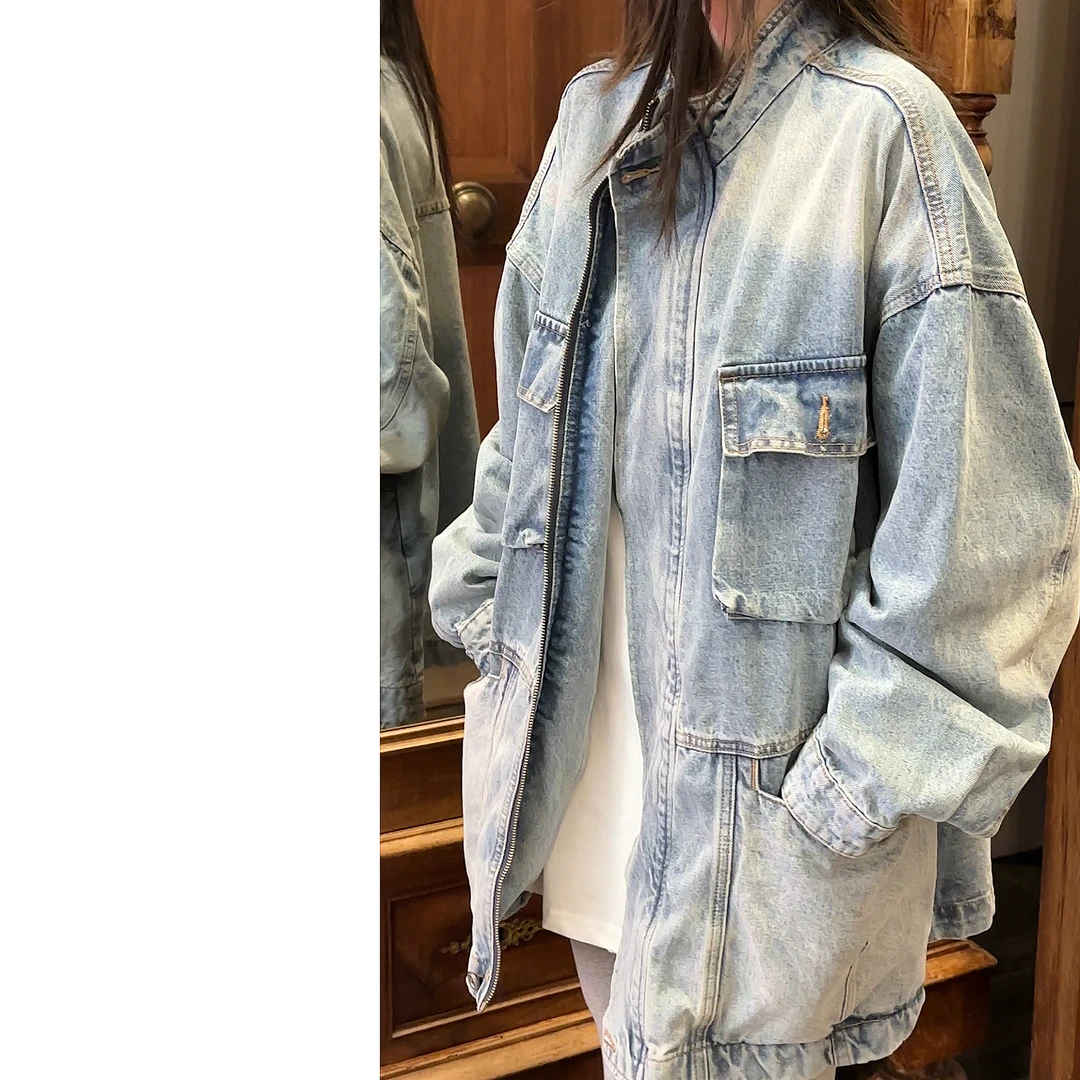 【赵一一】立领牛仔工装口袋设计时尚休闲外套大版洗水外套 Y22783