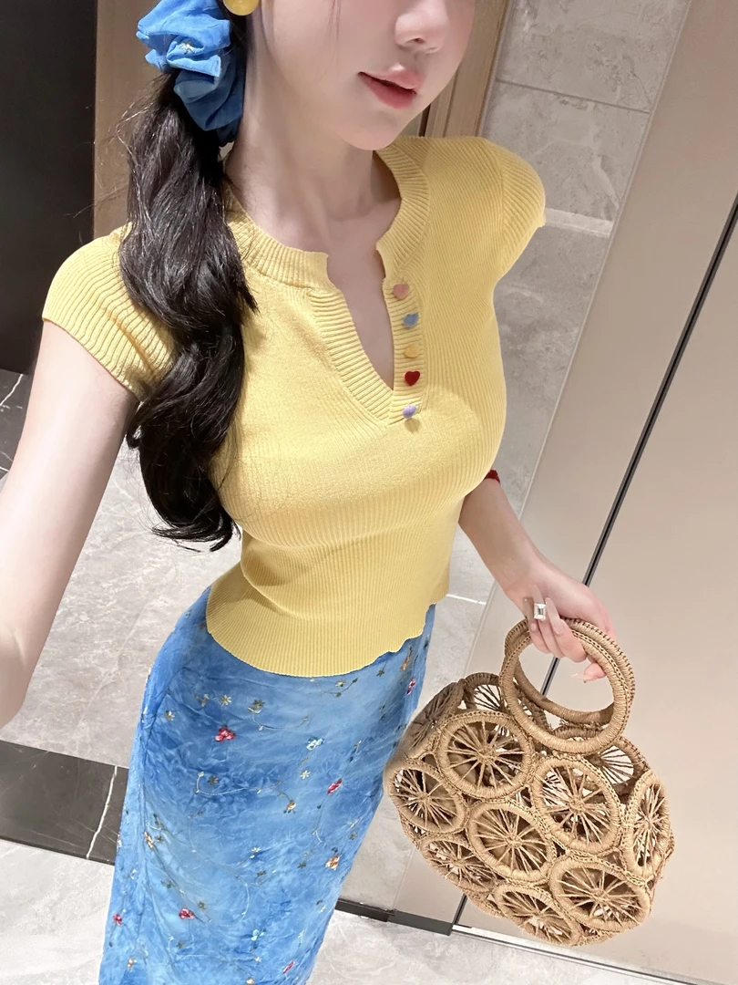 【雅乔定制】彩虹糖豆T 纯欲淡黄色小飞袖针织上衣DYLL-25046751