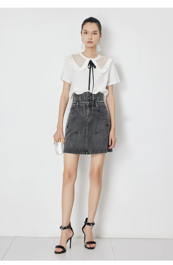 夏季蕾丝压褶娃娃领短袖套头T恤【配饰可拆】112220008上衣白色百搭