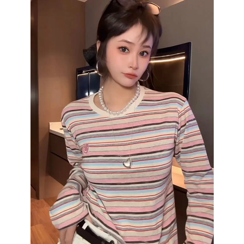 欧洲站2025春夏新款笑脸条纹圆领长袖T恤女韩版洋气减龄显瘦百搭