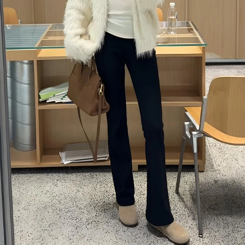 黑色窄版加绒保暖阔腿裤女2025秋冬新款弹力时尚显瘦八分微喇叭裤