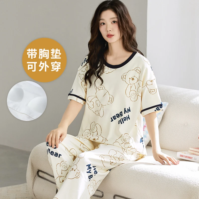 夏季女士短袖睡衣套装大码长裤自带胸垫一体家居服卡通薄款可外穿