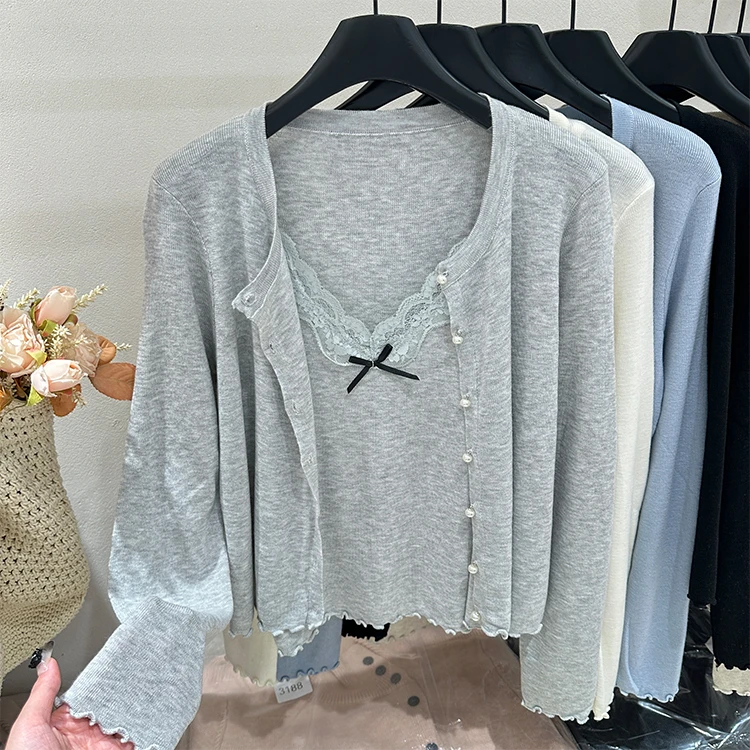 韩版温柔风甜美蕾丝拼接针织开衫长袖两件套女修身短款背心+外套