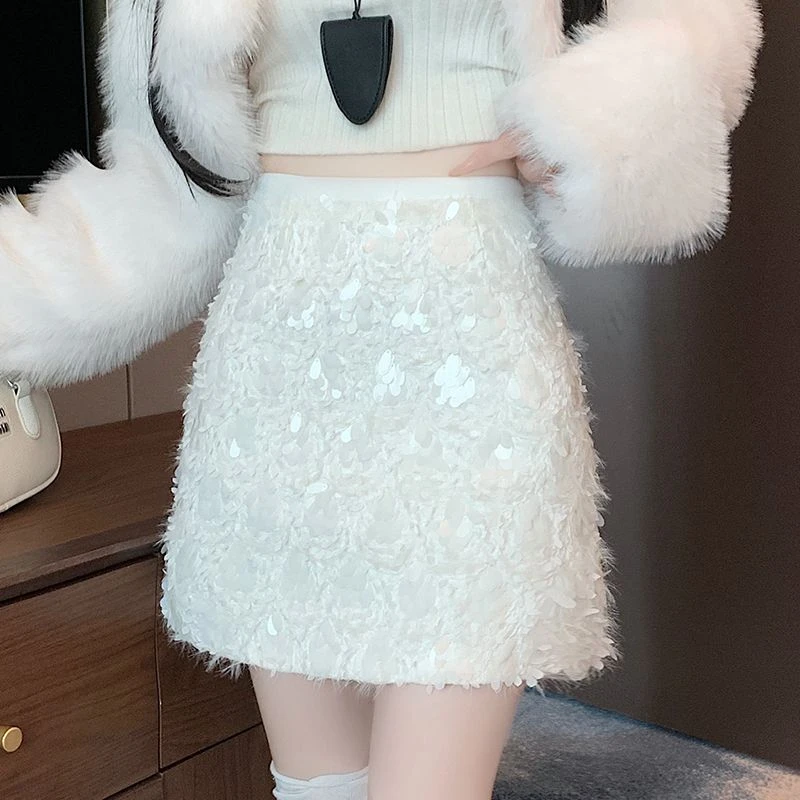 白色亮片a字半身裙女2025春秋季新款高腰显瘦辣妹防走光包臀短裙