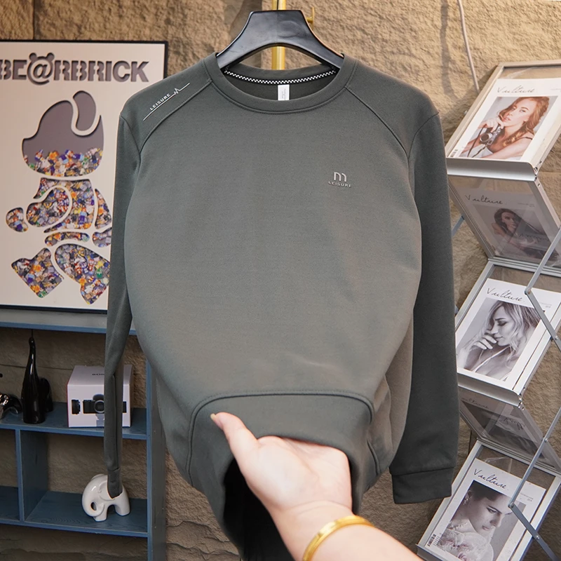 男士卫衣秋季新款圆领免烫薄绒保暖锁温T恤宽松运动上衣潮流男装