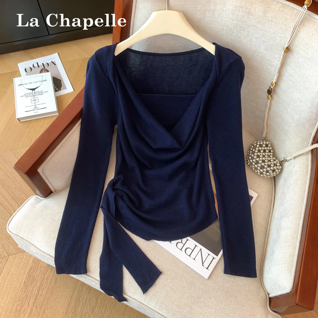拉夏贝尔高级感藏青色堆堆领长袖针织衫女秋冬款洋气飘带显瘦小衫