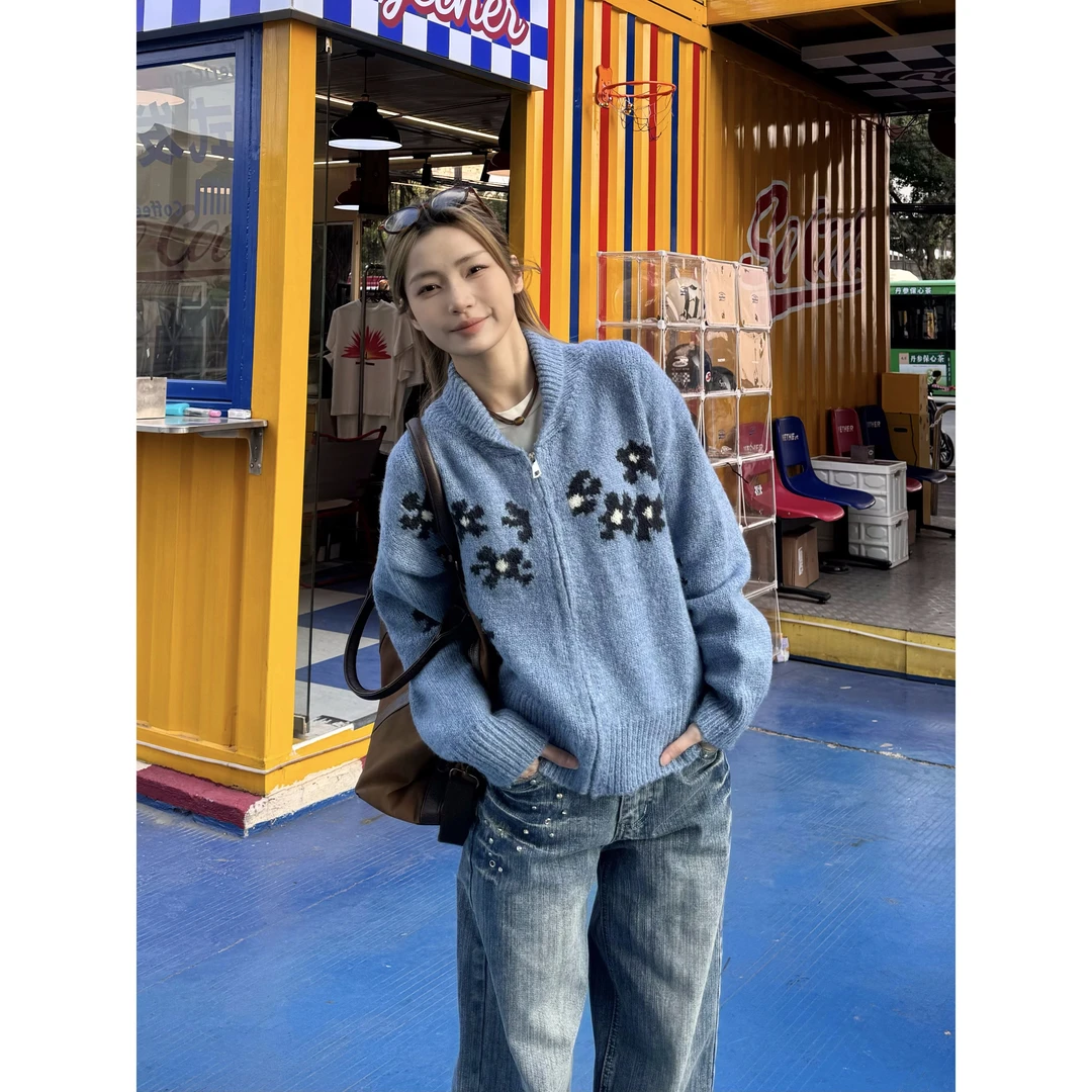 XFX 美式复古宽松慵懒风拉链开衫毛衣女秋冬休闲针织衫花朵上衣潮