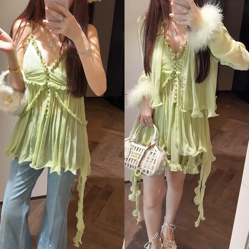 【mimius】七七气质盘花装饰飘带吊带上衣+开衫+裙裤（松紧腰）G05440