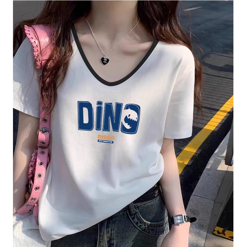 韩版简约宽松显瘦短袖T恤女士夏季休闲百搭撞色大领口V领印花上衣