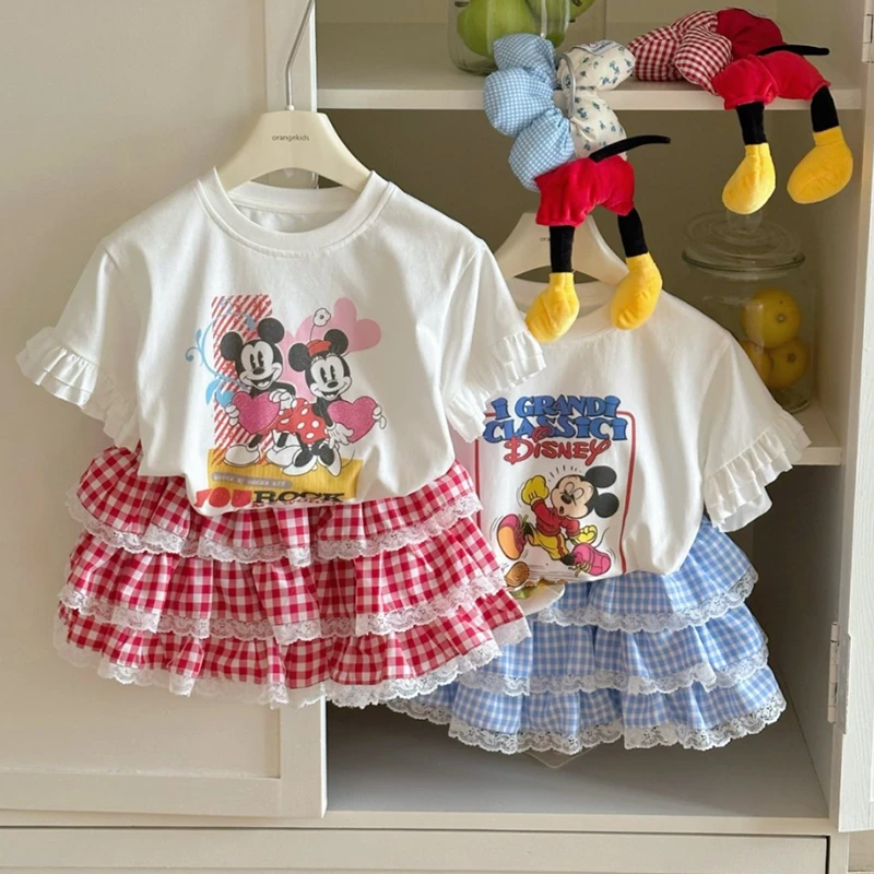 【橘子家】女童休闲时尚可爱卡通短袖T恤圆点格子短裙有发绳HS62265