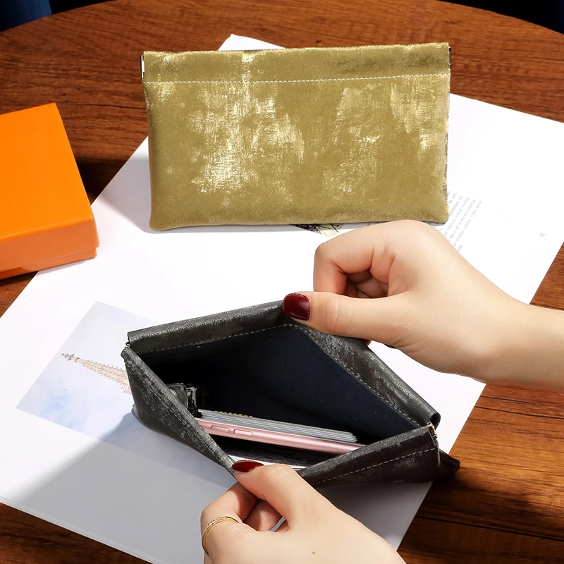 时尚丝绸牛皮超薄长款手拿包女2025新款真皮耳机口红包手机零钱包
