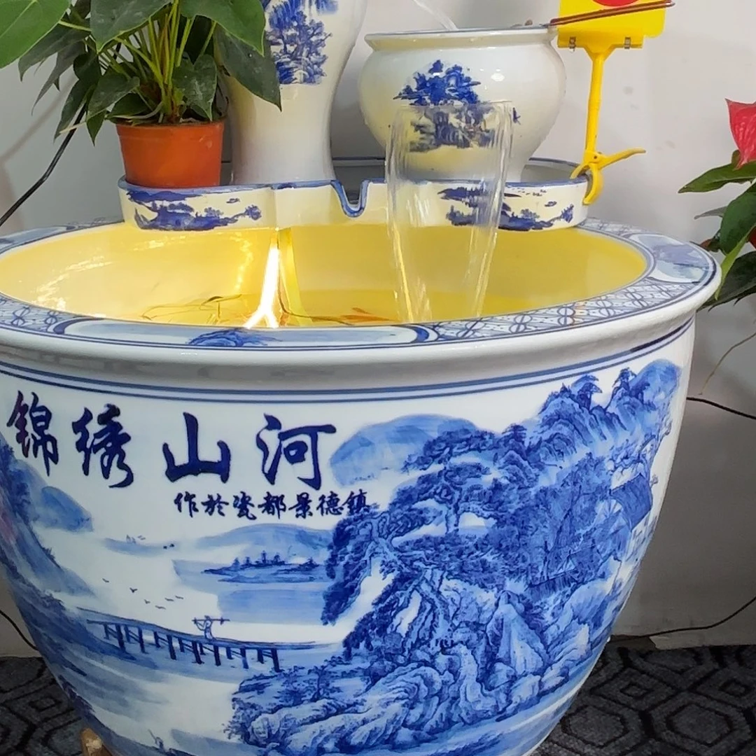 其他景德镇陶瓷青花瓷流水摆件2个罐子包水管水泵