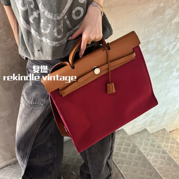 95新 Hermes/爱马仕 复燃精选/石榴红herbag39手提单肩包12年