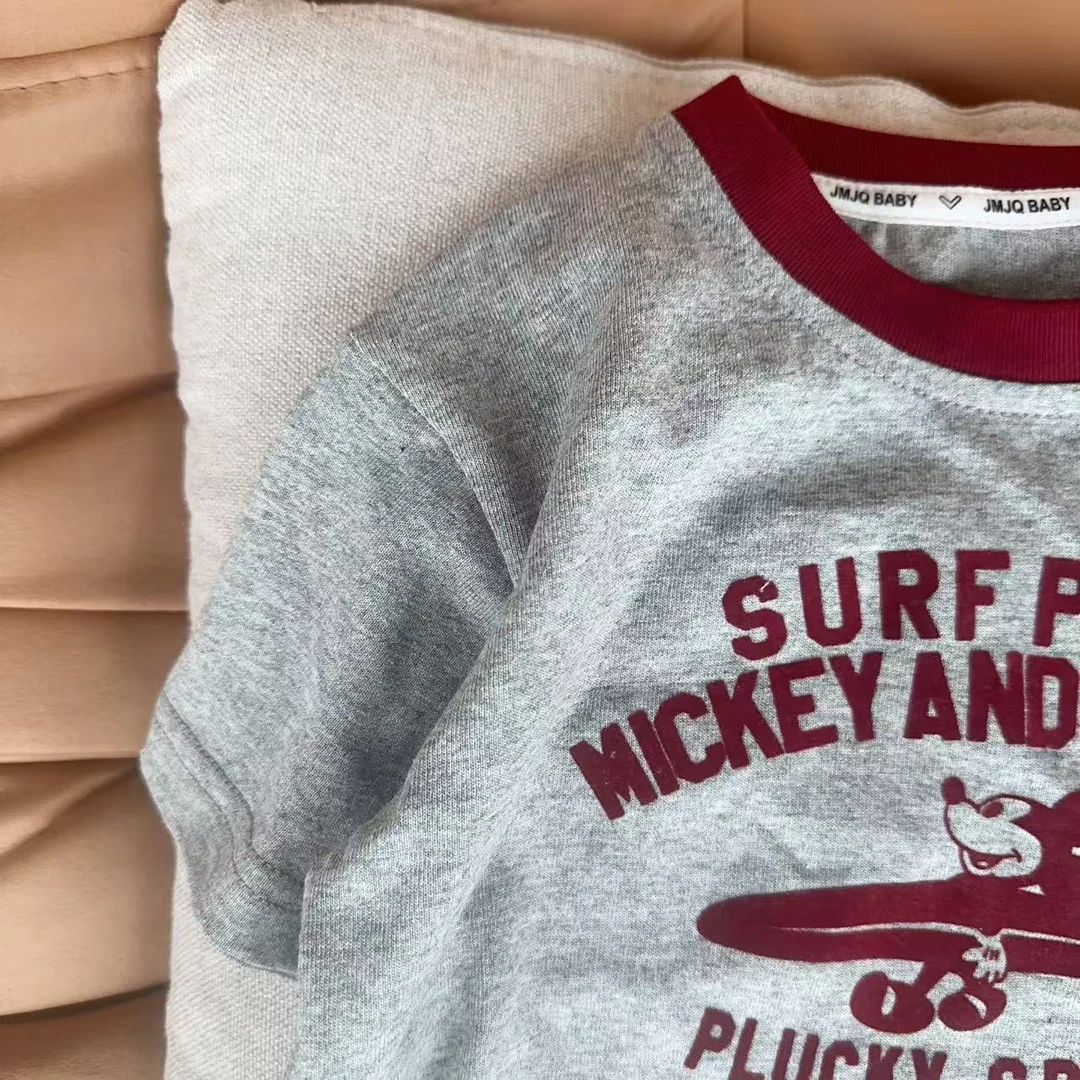 【亲子搭配款25116】夏季韩版灰色植绒卡通印花短袖休闲T恤